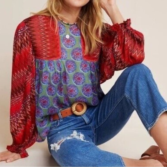 blank london Tops - Bl-nk London Miranda Peasant Blouse Red & Green Medallion Anthropologie Size XS